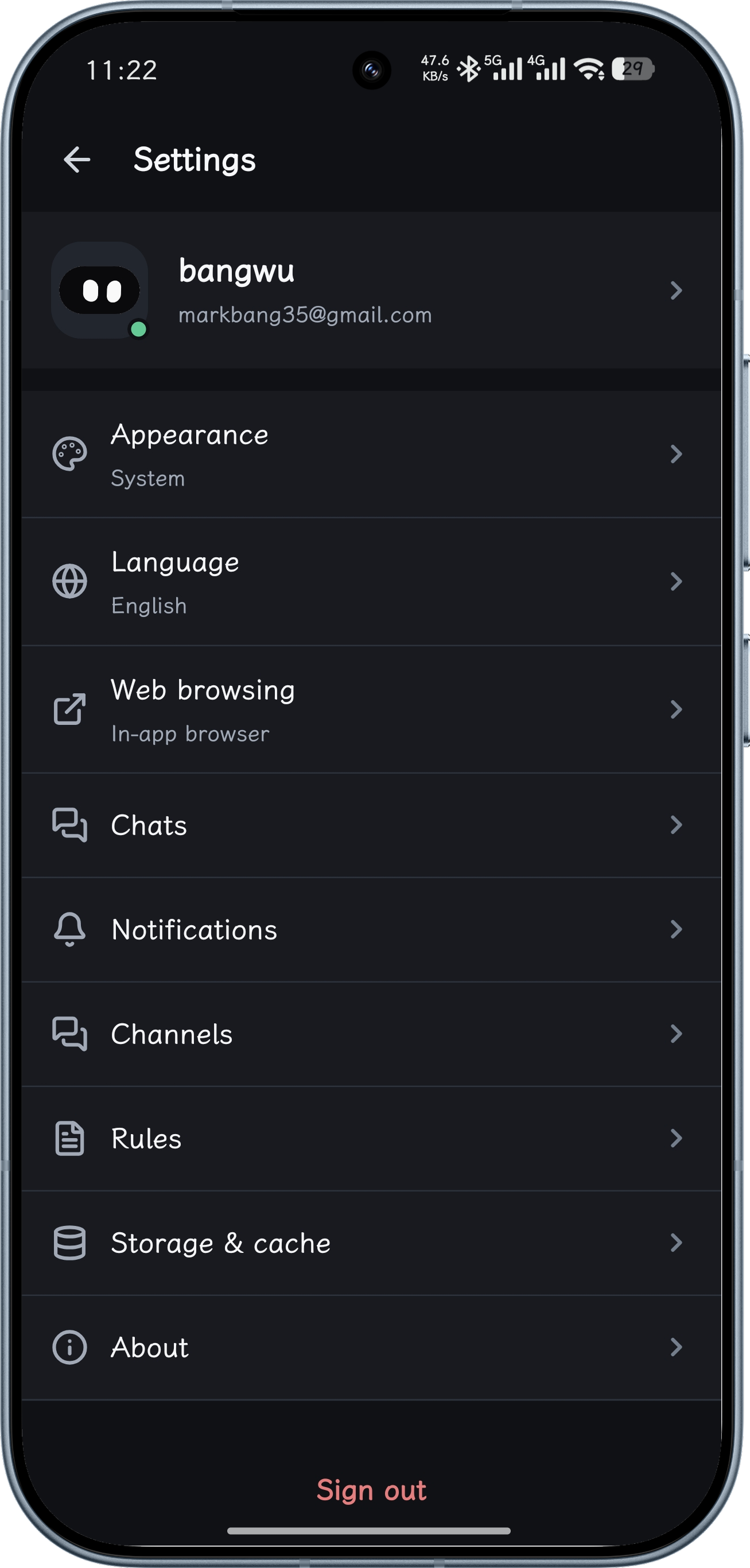 Settings for appearance, language, notifications, rules, and storage