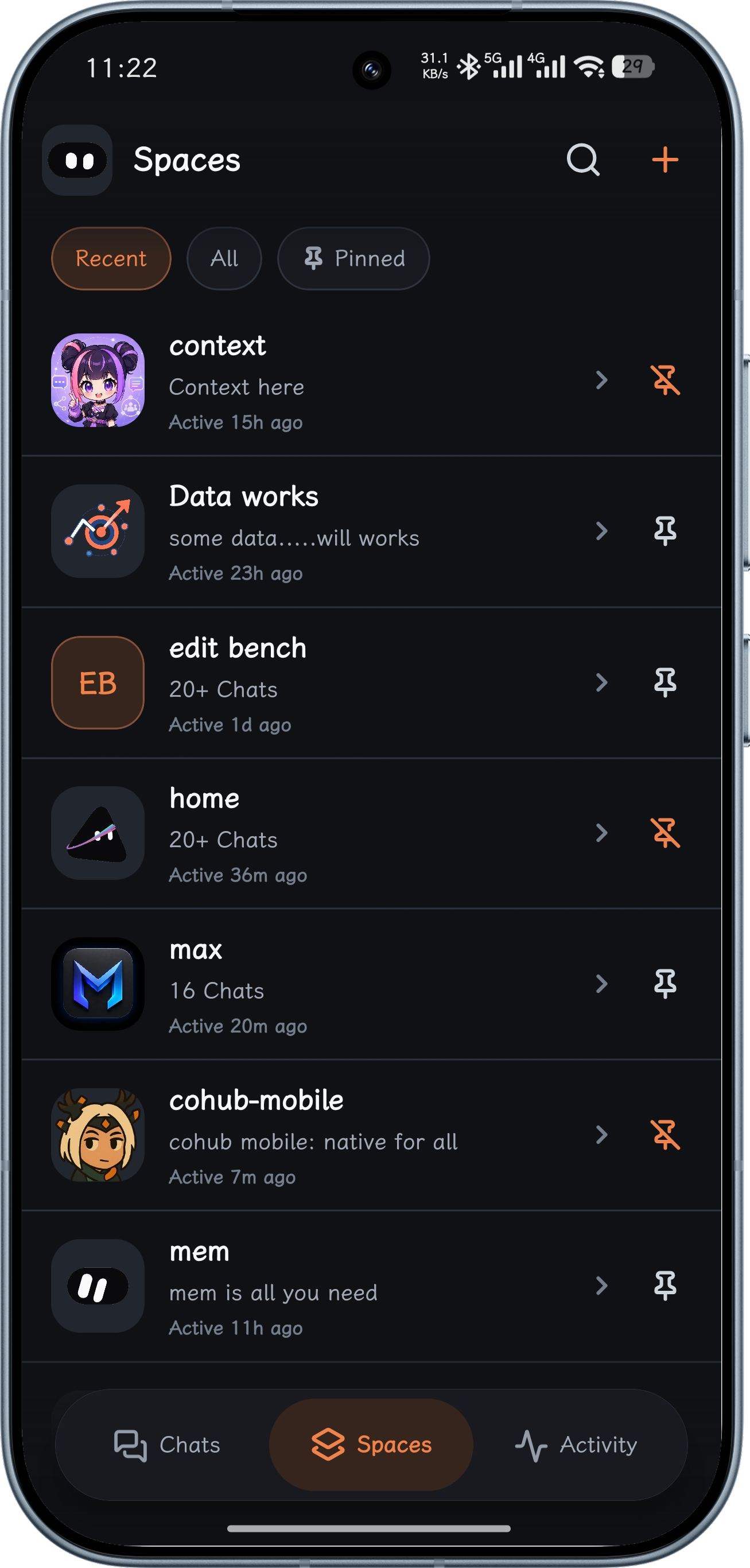 Cohub Spaces on Android, with recent projects and pinned workspaces